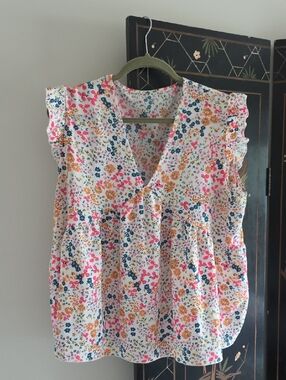 Sleeveless Floral Peplum Top - Pink, Teal & Mustard